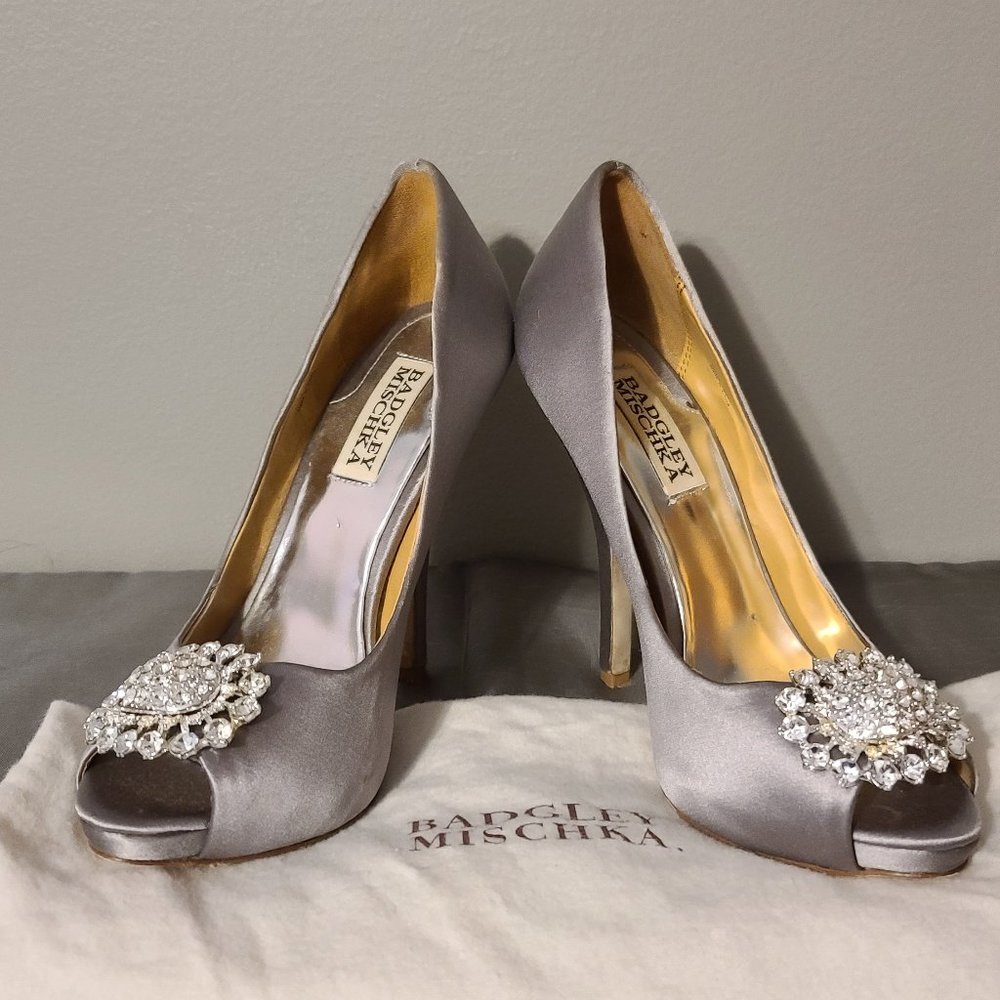 Badgley Mischka Jeannie Gray/Silver Satin Jeweled Heels
